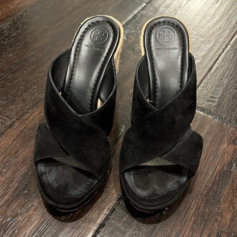 Tory Burch Bailey wedge mule, size 9, black suede